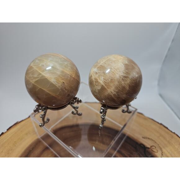 Peach Moonstone Spheres 1 Pair 55mm Each W/Stands - Picture 5 of 11